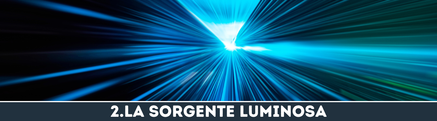 Una sorgente di luce bianco azzurro al centro, si propaga in tutte le direzioni in una stanza buia, sembra il proiettore in un cinema. La vignetta a sfondo nero ha la scritta "2.LA SORGENTE LUMINOSA".