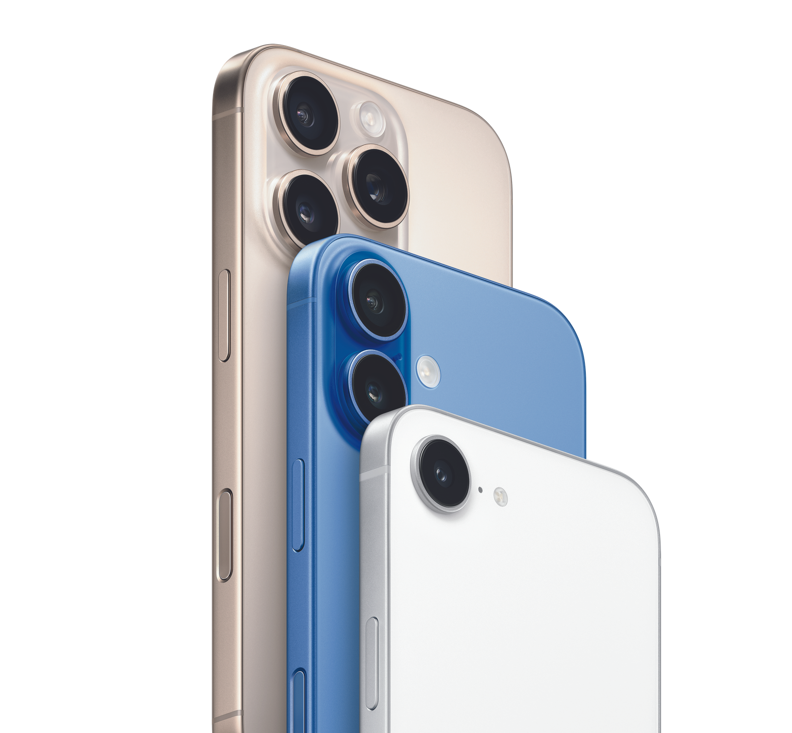 iPhone 16e bianco, iPhone 16 blu e iPhone 16 Pro Titanio naturale.