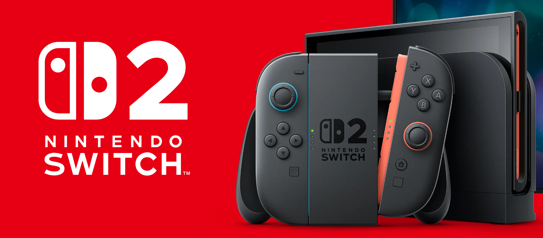 Nintendo Switch, console per gioco portatile accanto alla scritta "Nintendo Switch" sotto un "2", sfono rosso monocromatico e dispositivo di appoggio per console. un joy-con rosso separato dalla nintendo switch 2