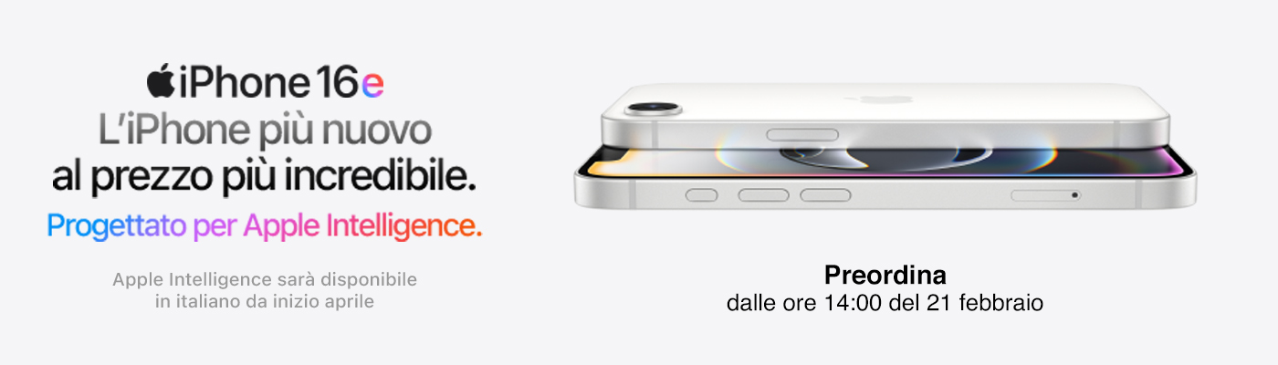 immagine dell'iPhone 16e orizzontale, progettato per Apple Intelligence (disponibile da aprile) e preordinabile dalle ore 14:00 del 21 febbraio